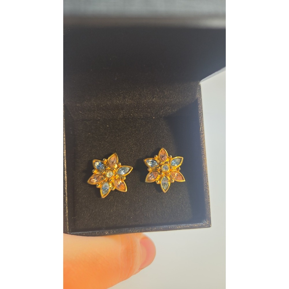 Vintage Spring Floral Pink Blue Crystal Flower Pierced Earrings Gold Tone